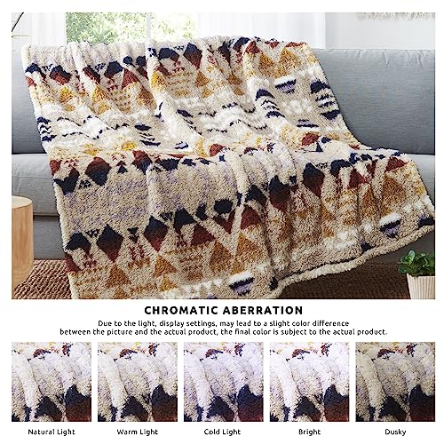 CASAAGUSTO Boho Sherpa Throw Blanket, Aztec, Ultra Soft, Warm, Cozy, Plush, Thick Fleece Bohemian Throw Blanket for Couch, Bed, Sofa (Khaki 50 * 60 Inch)