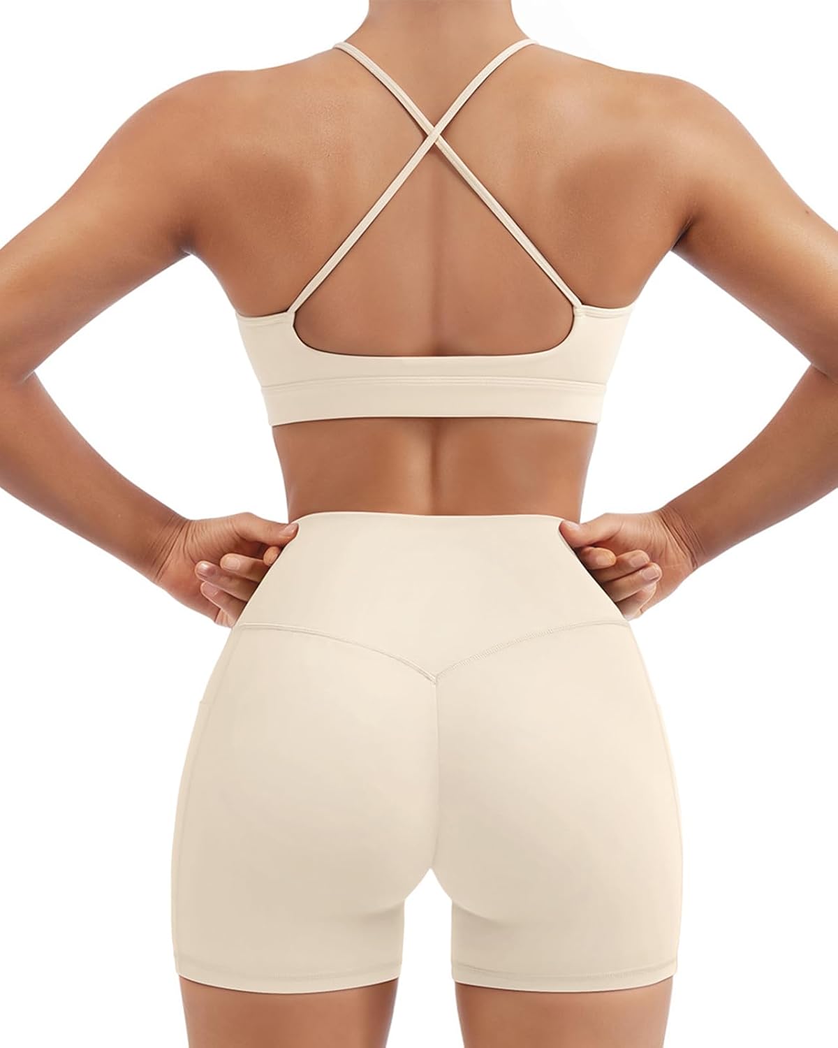 SUUKSESS Womens Workout Set Crew Neck Strappy Sports Bra Tank High Waist Tummy Control Bike Short Outfit