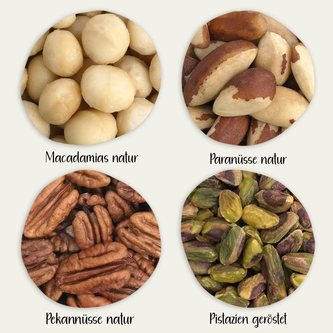 KERNenergie Premium-Nuss-Bundle – hochwertige Macadamianüsse, Paranüsse, Pekannüsse und Pistazien – hochwertige Nüsse Großpackung – 800g