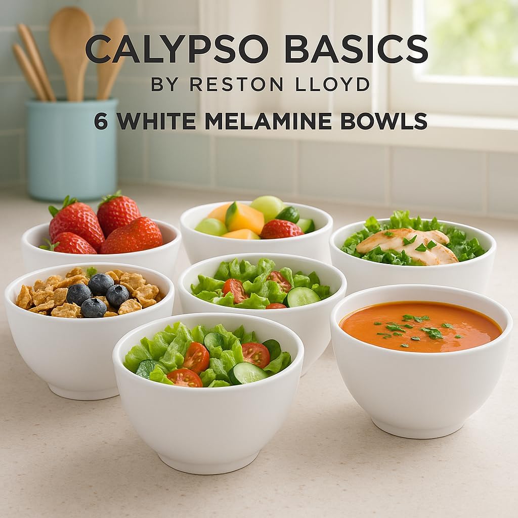 Calypso Basics 100% Melamine Cereal Bowls Set of 6,16 oz, BPA Free, Break-Resistant, Dishwasher Safe, Lightweight Plastic Bowls for Cereal, Soup, Ice Cream, Picnics, White by Reston Lloyd