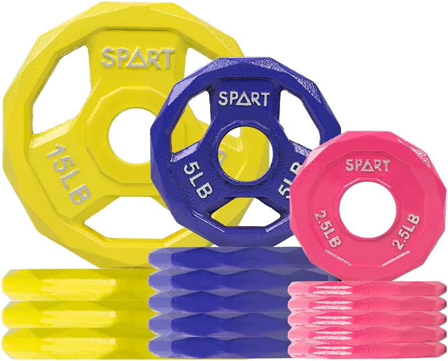 SPART Color Coded Weight Plate 2-Inch Cast Iron Tri-Grip Plate for Barbell,Solid Cast Iron Olympic Weight Plates for Strength Training, Weightlifting, Crossfit, 2.5/5/10/15/25/35/45LB, Single/Pair/Set