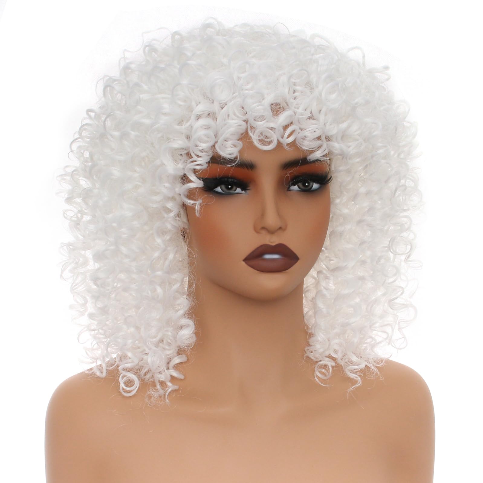 PORSMEER 14 Inch Kinky Curly Wigs for Black Women Afro Bomb Curly Wig with Bangs Synthetic Fiber Glueless Long Deep Wave Hair (White) - Image 3