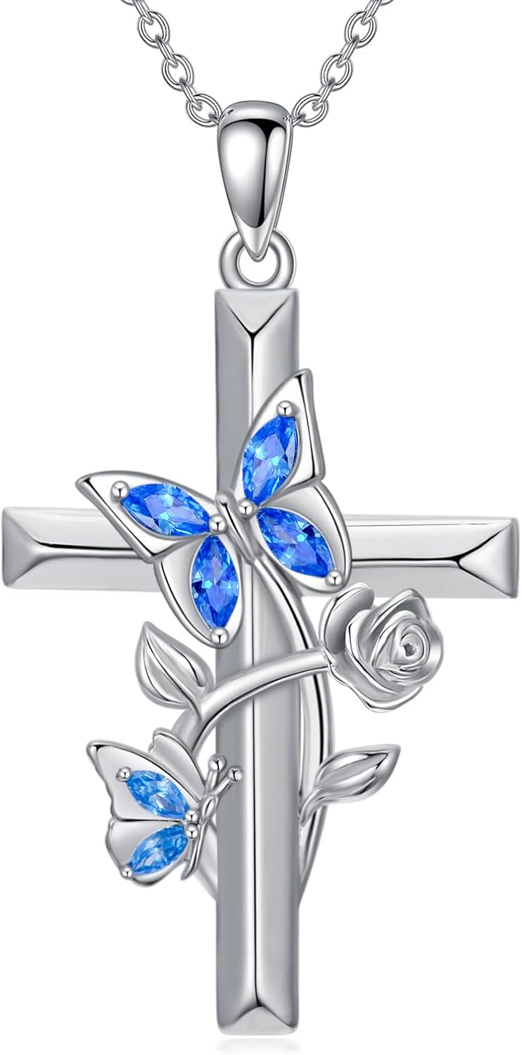 Mothers Day Gift Butterfly Cross Necklace 925 Sterling Silver Womens Butterfly Pendant Jewelry Gift for Mom Wife Grandma