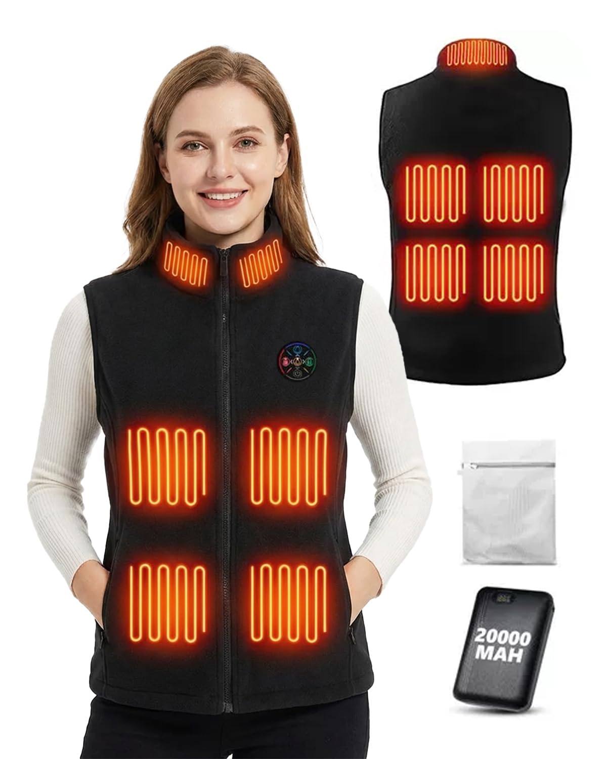 Trongle Gilet riscaldabile da donna, gilet riscaldabile, da donna, con power bank da 20.000 mAh, gilet riscaldabile foderato in pile, con 3 livelli di calore e 9 zone di riscaldamento, gilet