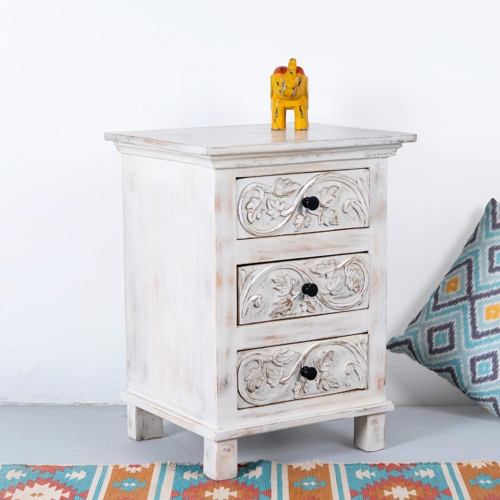 Wooden Bedside Table for Bedroom | Solid Wood Kemi Bedside Table with Drawers | Corner Side Table for Living Room | Traditional Handcrafted Furniture for Home Decor (White Distress)-image-34