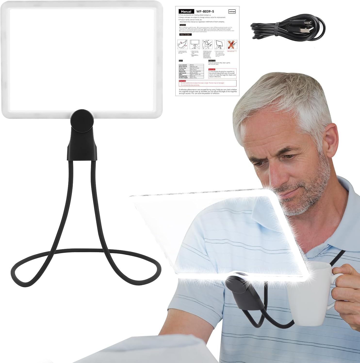 HISUEKIG Neck-hanging 5X Magnifying Glass with Light, Featuring Flexible Gooseneck 50 LEDs Full-page Magnification, Magnifier Measuring 9.5x7 Inch, Perfect for Elderly Individuals to Read Fine Text