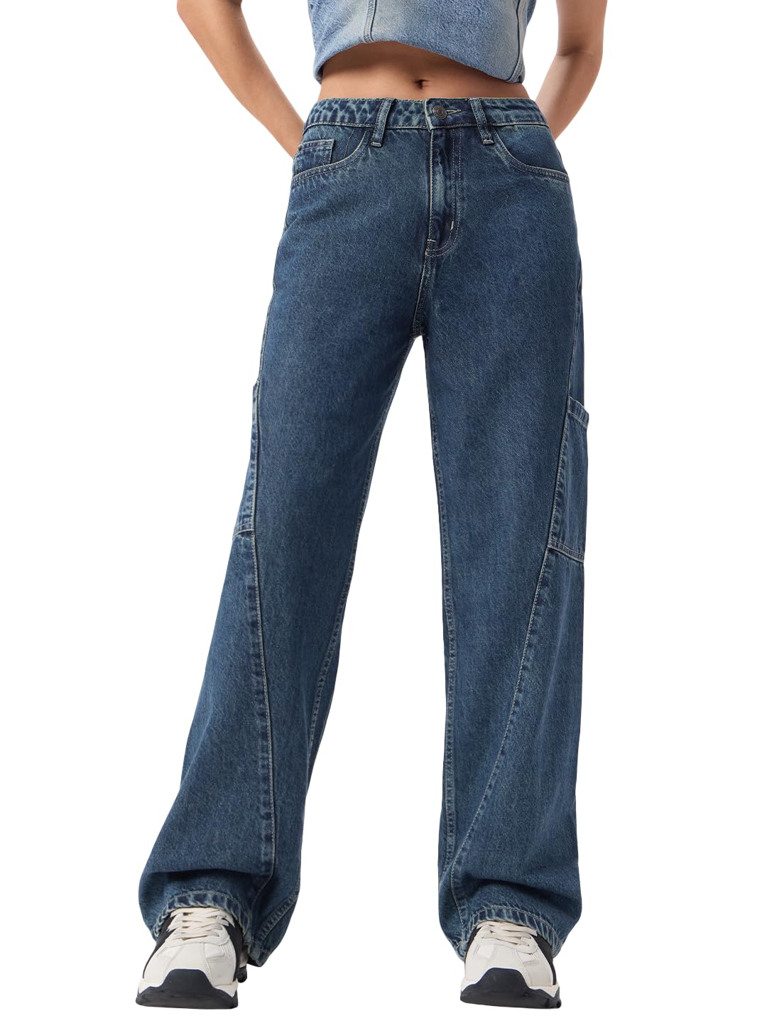 The Souled Store Straight Fit Denim: Scarlet Women and Girls Blue Solid Cotton Straight Fit Lightweight Everyday Denim Cargo Jeans in blue