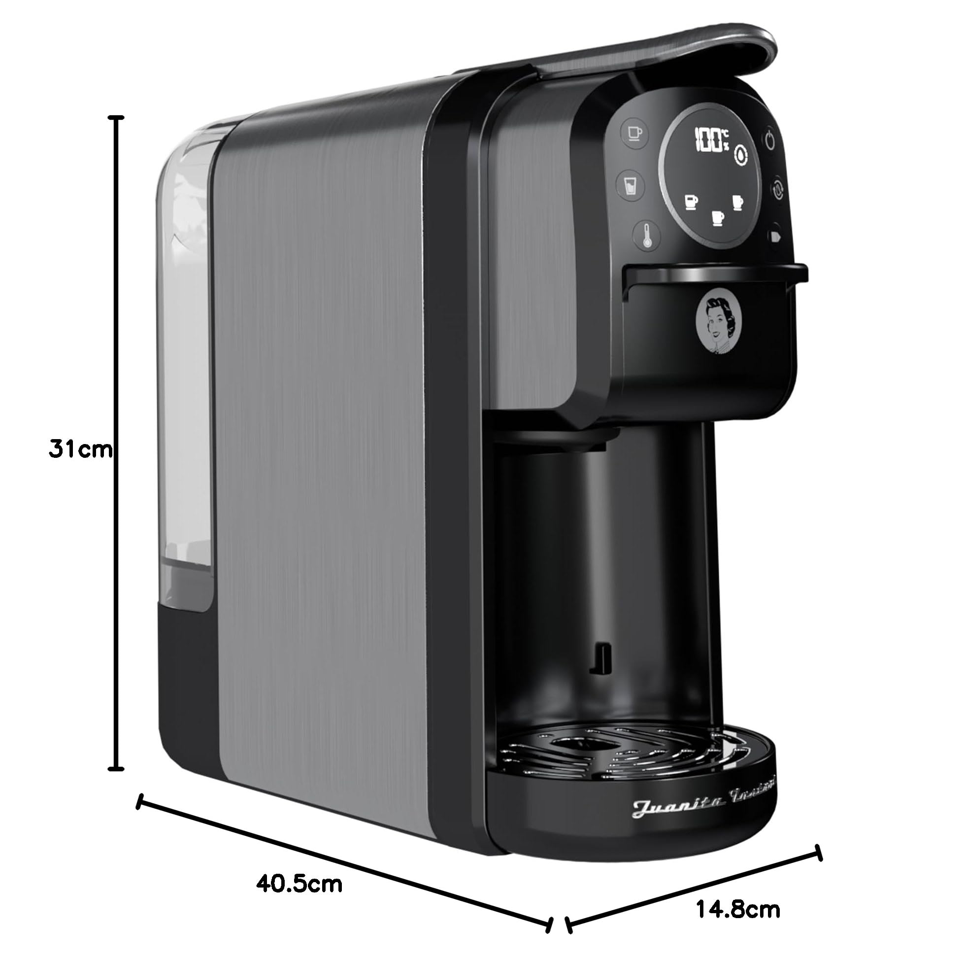 Juanita Cafetera Multicápsula Instant – 1400W, Presión 20 Bares, Compatible con Cápsulas y Café Molido, Pantalla Digital, Depósito 1.3L, Compacta y Fácil de Limpiar