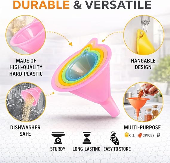 Kitchen Funnel Set with 5 Sizes, Small to Large Plastic Cooking Funnel with Narrow Spout for Filling Bottles, Jars, Bowls, Spices, Powder Funnels, Essential Oils