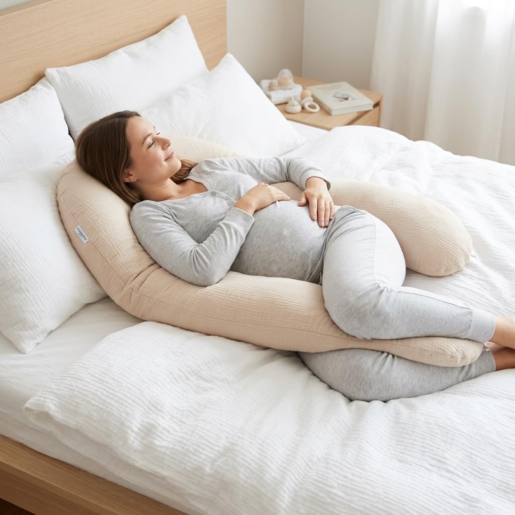 Blausberg Baby - Stillkissen Lagerungskissen mit Nestbau-Funktion, Musselin Bezug (abnehmbar) inkl. Das Original Theraline Stillkissen Inlett 190cm x 38cm - Beige