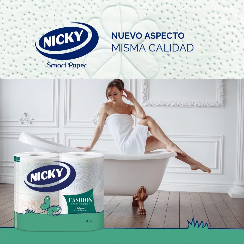 Nicky Fashion Papel higiénico de 4 capas, paquete de 36 rollos (3 x 12 rollos), 165 lágrimas por rollo, resistente decorada y suave en la piel, delicadamente perfumado con talco | 165 tiras por rollo, decoradas, resistentes y suaves sobre la piel, delicad