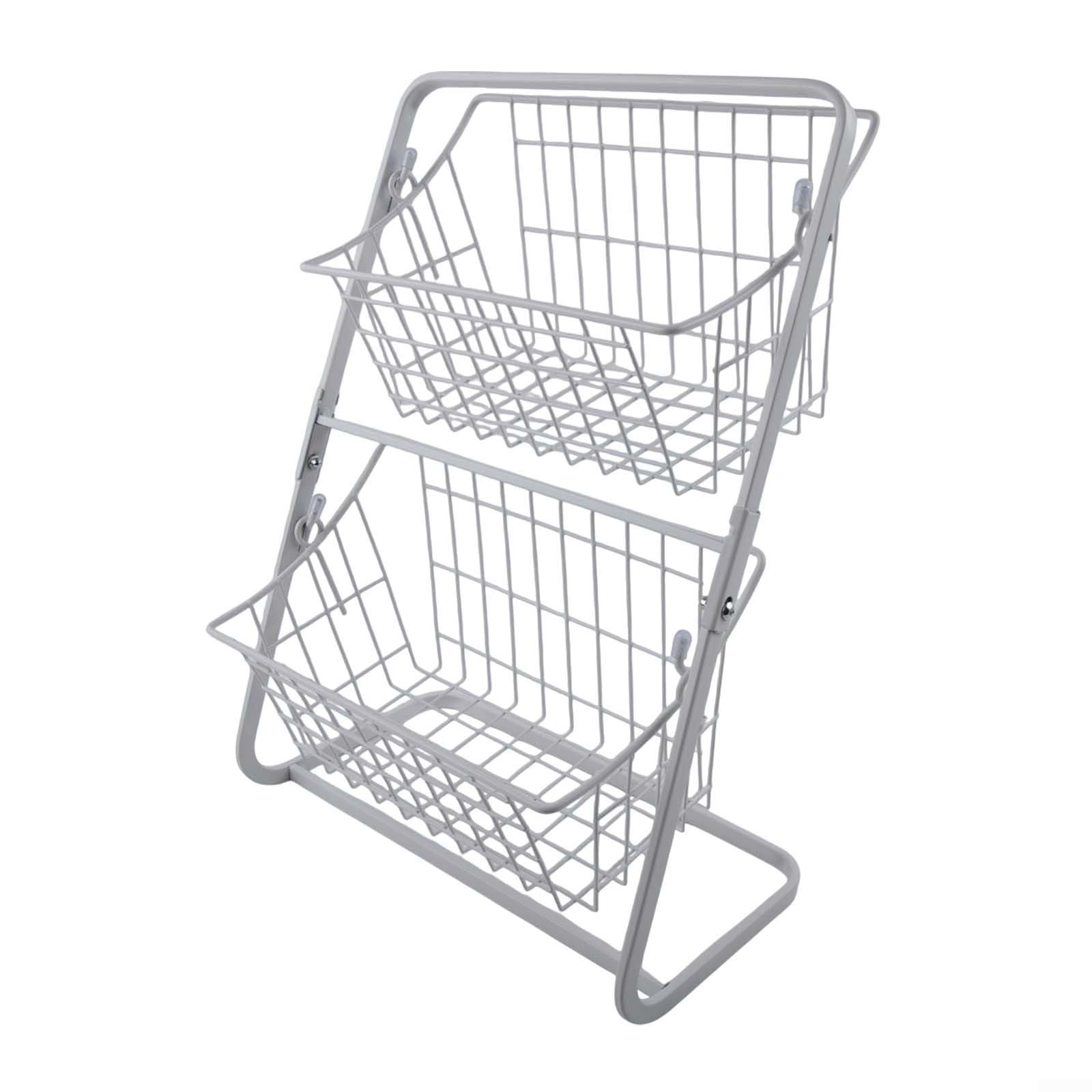 Cestino per frutta a 2 ripiani, in metallo, con manico in legno, organizer da cucina per frutta, verdura, cestino per pane, impilabile, 37 x 28 cm (bianco)