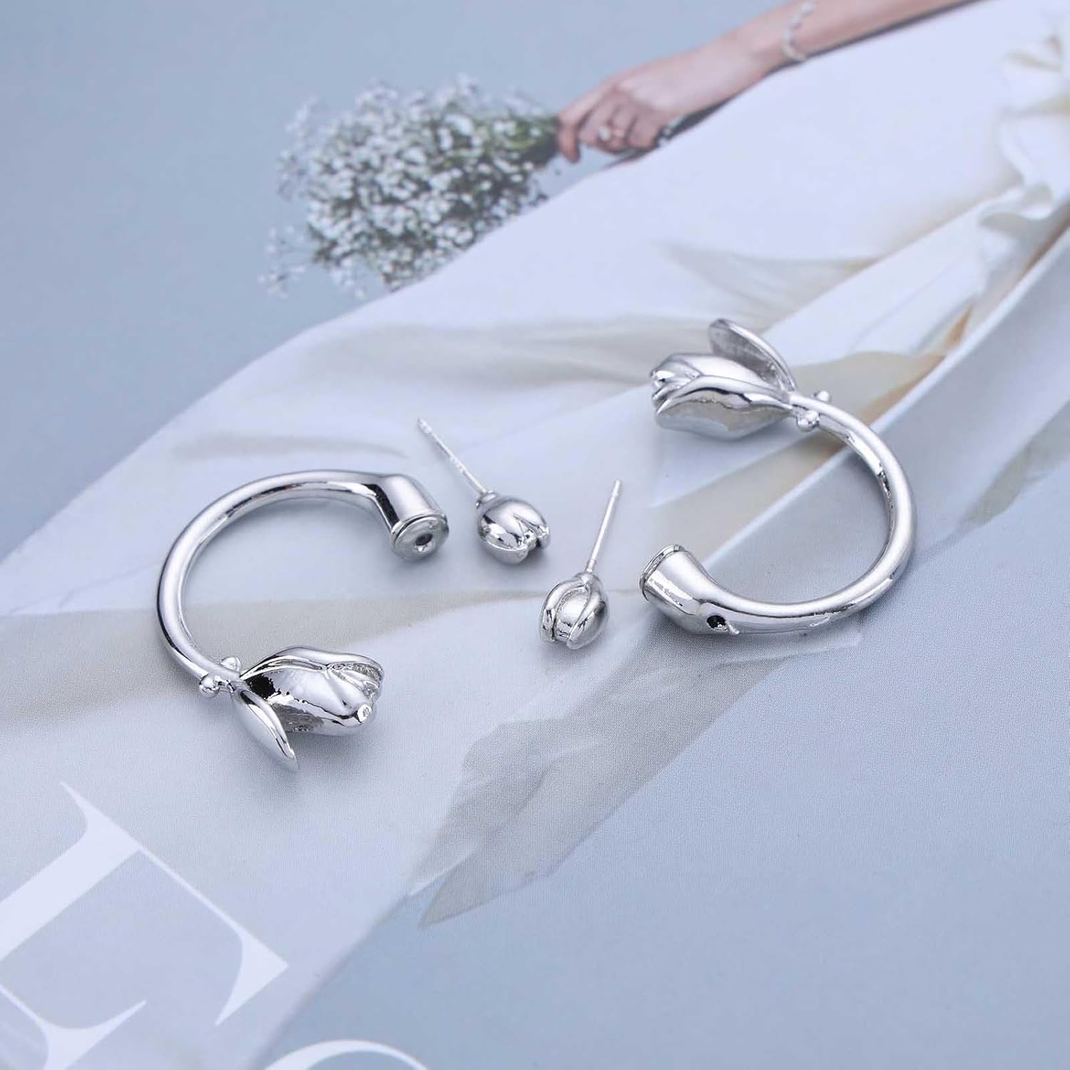 Minimalist Silver Flower Half Hoop Earrings Metal Rose Flower Open Hoop Earrings Tulip Dangle Hoop Earrings Tulip Flower C Shape Earrings Rose Floral Earrings Jewelry for Women - Image 3