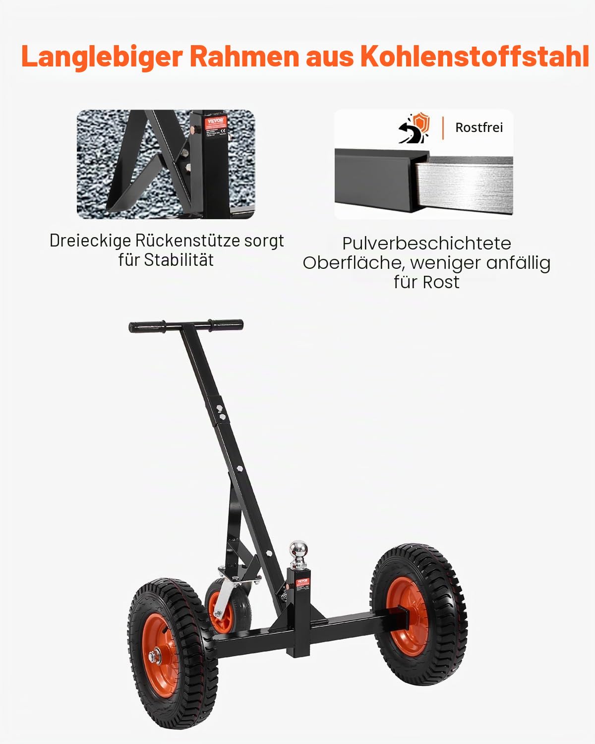 VEVOR Rangierhilfe Anhänger, Anhängerwagen, 544 kg Stützlastkapazität, 460 & 560mm einstellbare Höhe, 50,8 mm Kugel, 386 mm Luftreifen, Karbonstahl, zum Bewegen von Wohnmobilanhängern