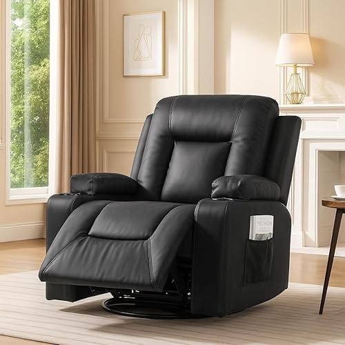 COMHOMA Recliner Chair,PU Rocking Chair for Adults,Swivel Recliner with Cup Holders,Single Sofa Seat with Side Pockets for Living Room,Bedroom(Black)