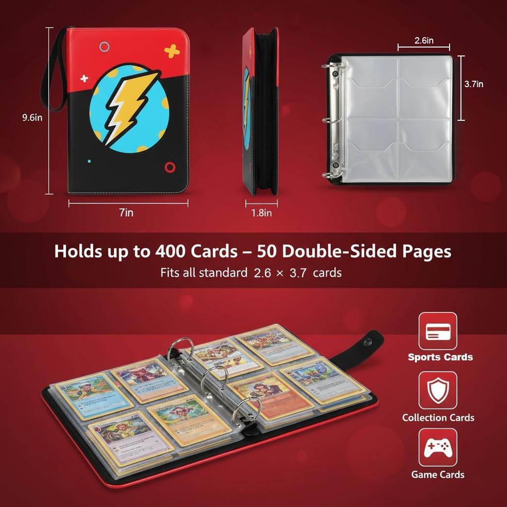 4 Pocket Trading Card Binder with Zipper, 400 Pockets 3-Ring Holder Album with Sleeves, Cool Lightning Bolt Design Portable Carrying Case Compatible with TCG/Sports Cards, Gift for Boys