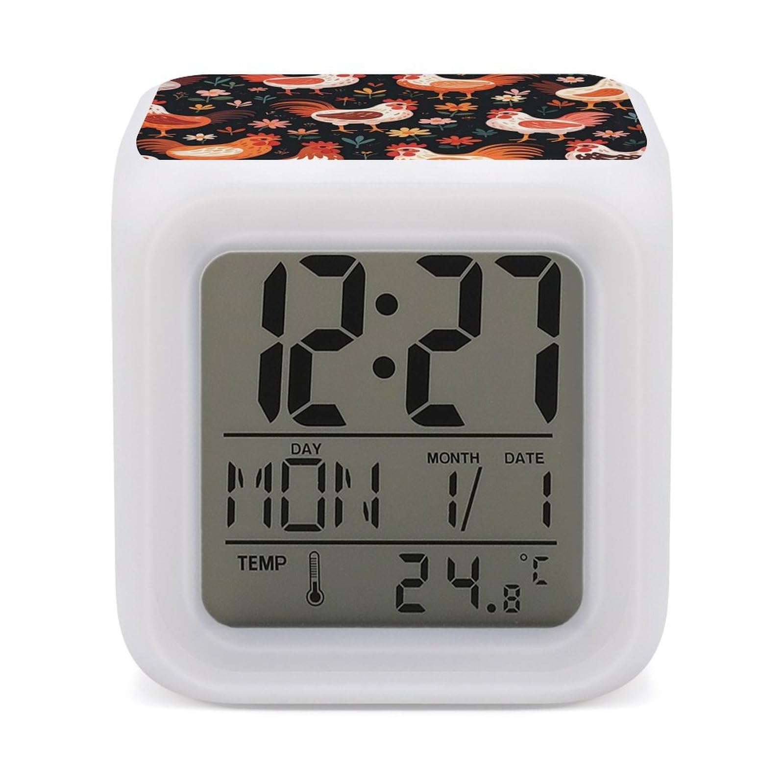 FekiLoot Cute Rooster Chickens Alarm Clock for Heavy Sleepers Small Digital Alarm Clock with Date Temperature Wake Up Digital Clocks with 7 Colors Changing Desk Clocks for Bedroom Bedside Nightstand