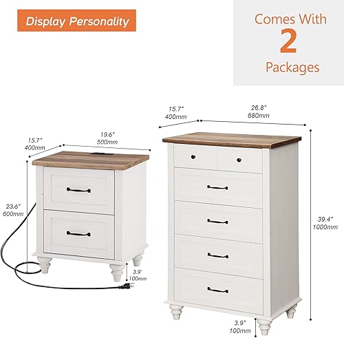 Miniatura 9 de WAMPAT Juego de tocador y mesita de noche de 3 piezas, cómoda blanca y cómoda con 5 cajones, juego moderno de mediados de siglo de 2 mesas