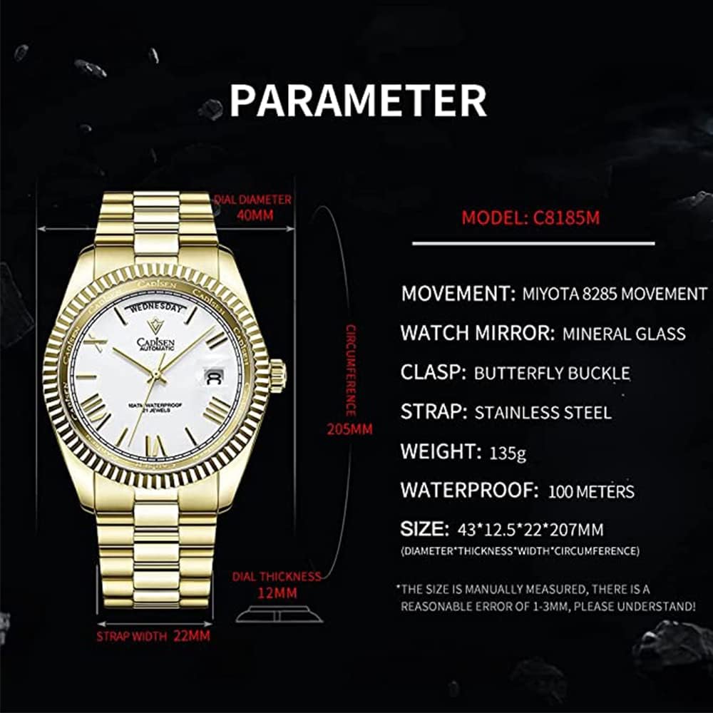 CADISEN Men's Fully Automatic Mechanical Watch MIYOTA 8285 Sports Waterproof 100 Meter Date Calendar Top Luxury Business Men's Watch c8185