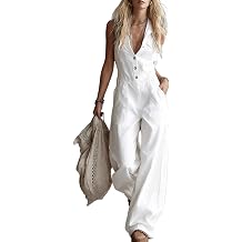 Women's Vintage Western Jumpsuit Linen Sleeveless Button Down Romper Retro V Neck Wide Leg Pant Vintage Overalls