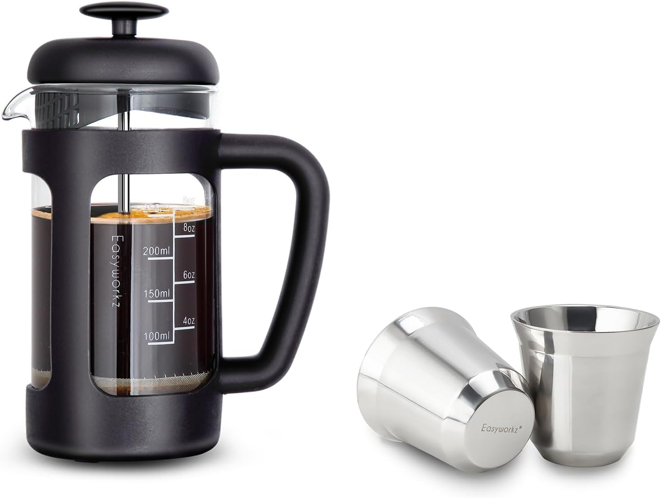 Easyworkz French Press 12 oz, Bundled Stainless Steel Espresso Cup 2pcs Set Double Wall Insulated Metal Demitasse Cups 5 oz