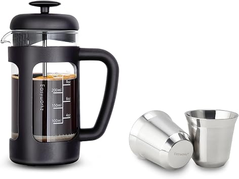 Easyworkz French Press 12 oz, Bundled Stainless Steel Espresso Cup 2pcs Set Double Wall Insulated Metal Demitasse Cups 5 oz