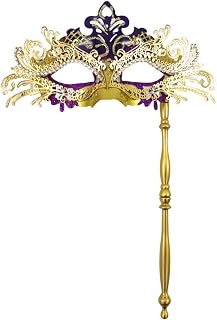 SHINROAD Masquerade Masque Color Brillante Fantástico Metal con Palillo de Mano Media Cara Veneciano Rhinestones para Hombres Mujeres Ideal Bola de Prom Mardi Hierba Lila Oro