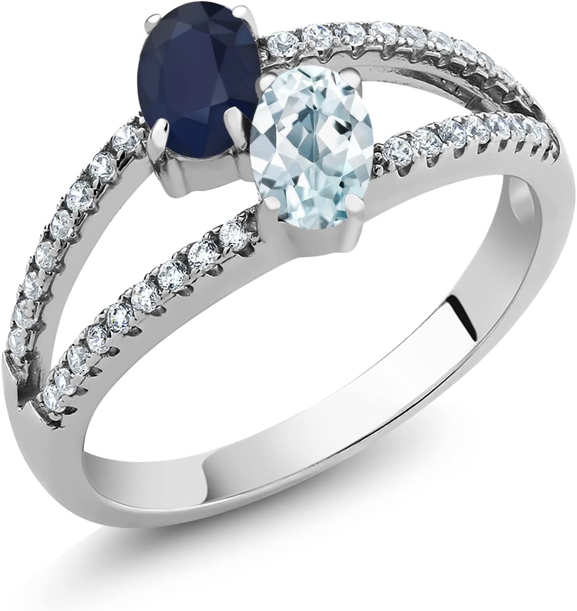 Gem Stone King 1.39 Cttw Blue Sapphire and Sky Blue Aquamarine 2 Stone Ring For Women | 925 Sterling Silver | Gemstone Birthstone | Wedding Engagement Anniversary Promise Ring For Women
