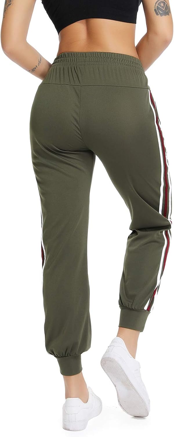 RIOJOY Women's Side Stripes Cuffed Pants Knit Trousers Athletic Training Casual Joggers Sweatpants with Pockets