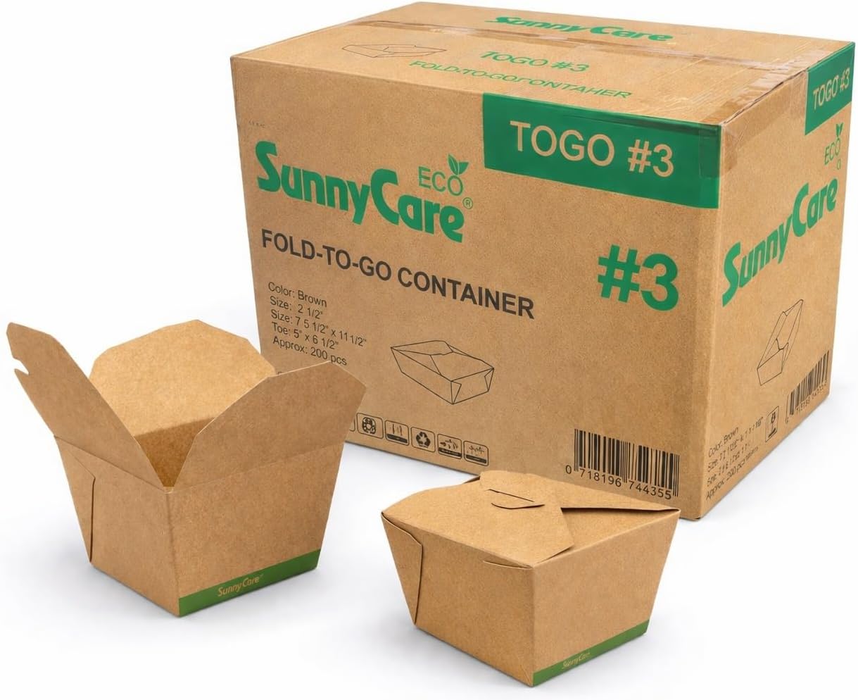 SunnyCare Kraft Microwavable Folded Paper #3 Take-Out Customizable Container 7 3/4" x 5 1/2" x 2 1/2" - 200/Case