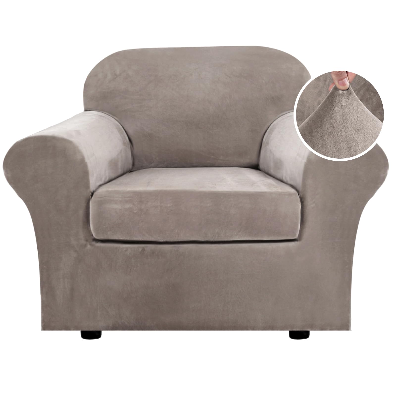 H.VERSAILTEX Rich Velvet Stretch 2 Piece Chair Cover Chair Slipcover Sofa Cover Furniture Protector Couch Soft with Elastic Bottom Chair Couch Cover with Arms Width Up to 49 Inch(Chair,Taupe)