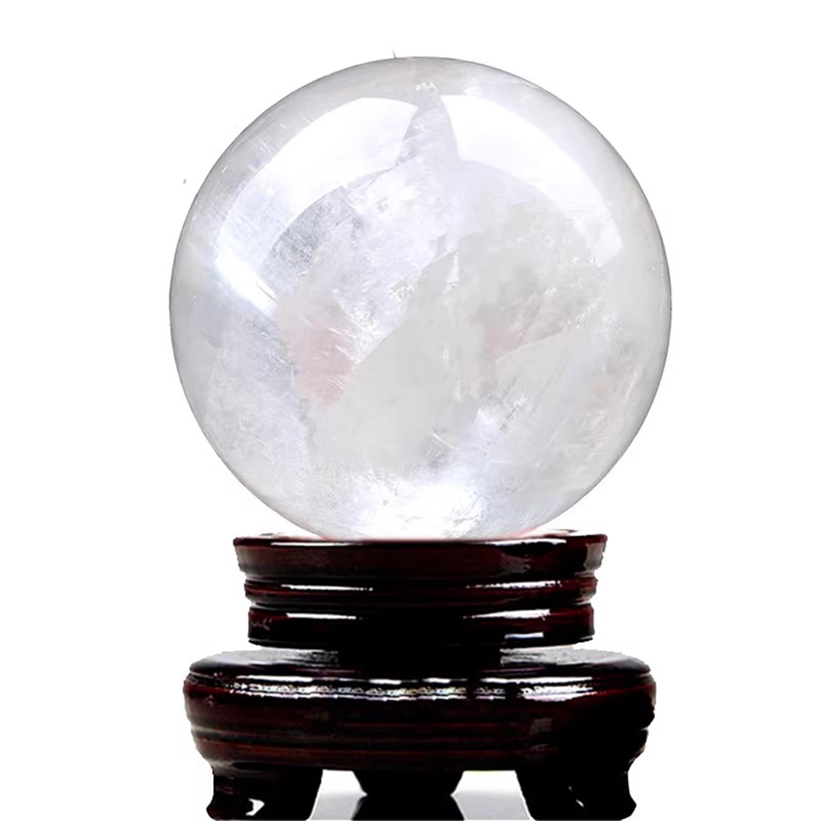 BJXKHFPIV Quartz Crystal Ball,White Calcite Crystal Sphere with Wooden Stand,Feng Shui Crystal Ball for Lucky Wealth Protect The House,3.5"(9cm)