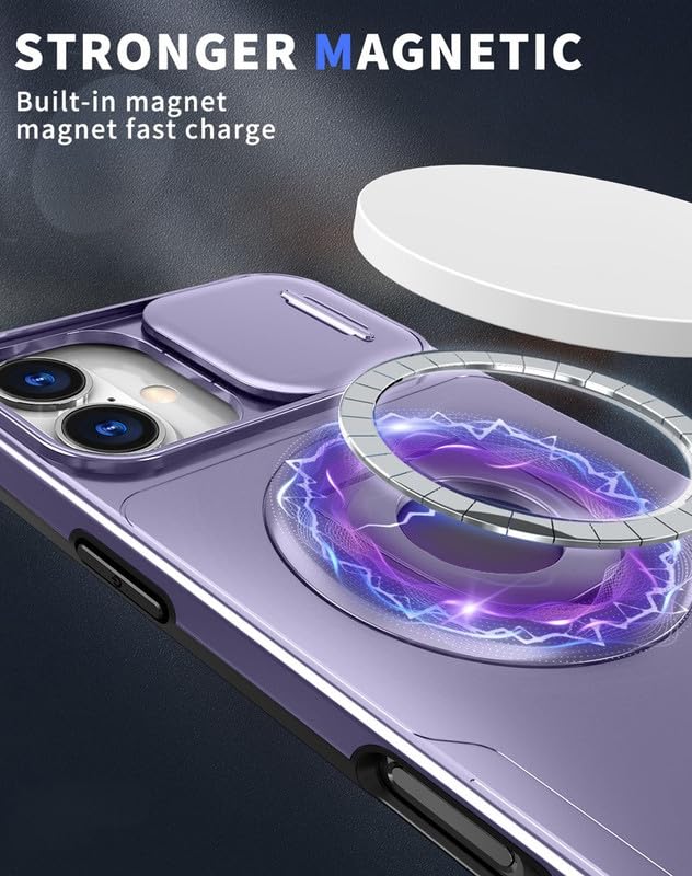 Image of LuxuryKase MagSafe Shockproof Rugged Back Case for iPhone 17 | Finger Ring Kickstand & Sliding Camera Cover | Military Drop Protection | Wireless Charging Support - Purple