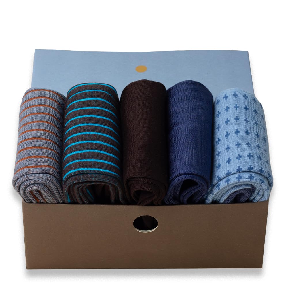 GATTI A POIS Box da 5 Paia di Calze Lunghe Eleganti, Mix di Fantasie in Caldo Cotone e Filo di Scozia, Marrone e Blu Nippon, Made in Italy