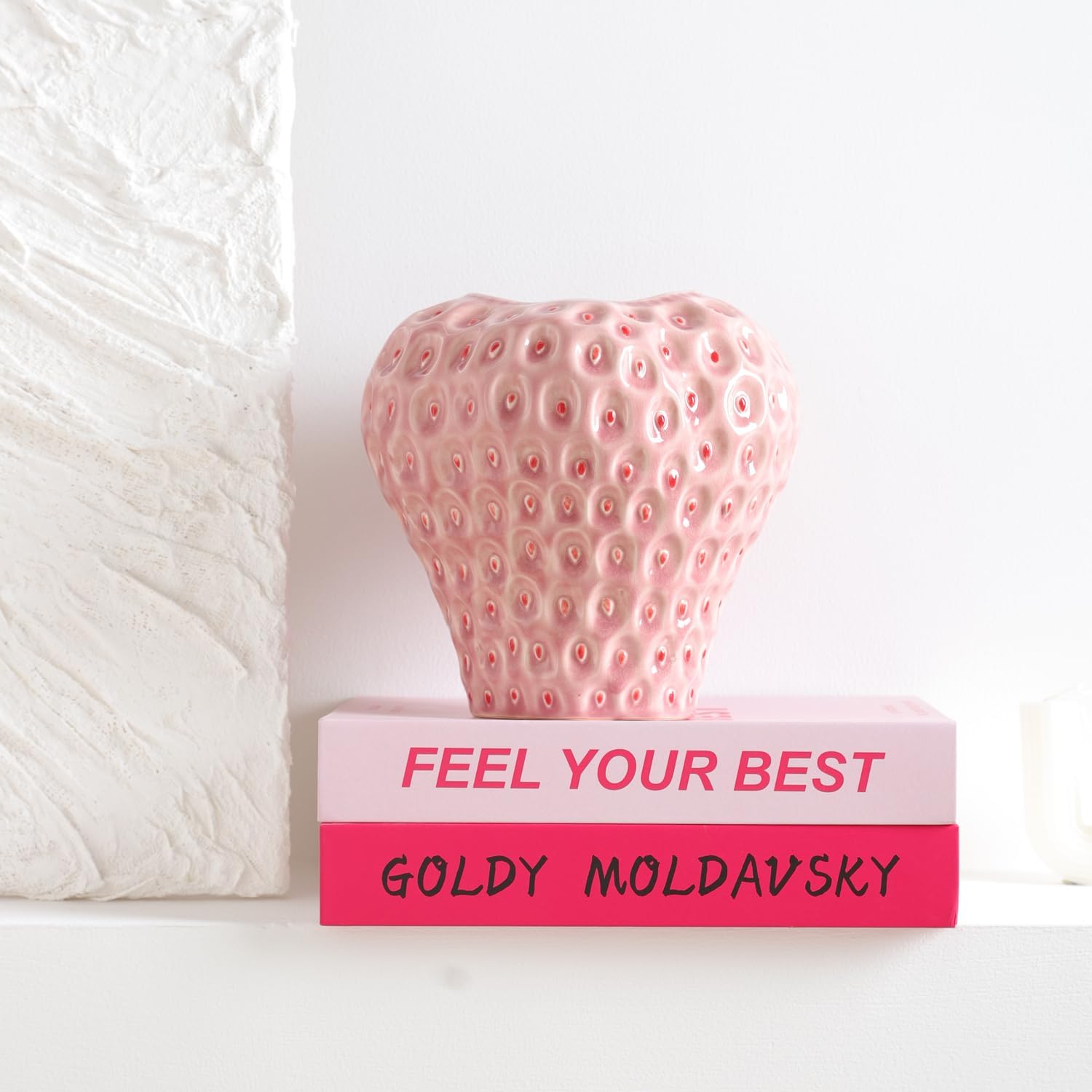 Strawberry Ceramic Flower Vase, Decorative Cute Ornament Vase for Aesthetic Decor Flower Arrangement, Unique for Colorful Modern Vintage Home Kitchen Office Decor Centerpiece, Pink 7inch