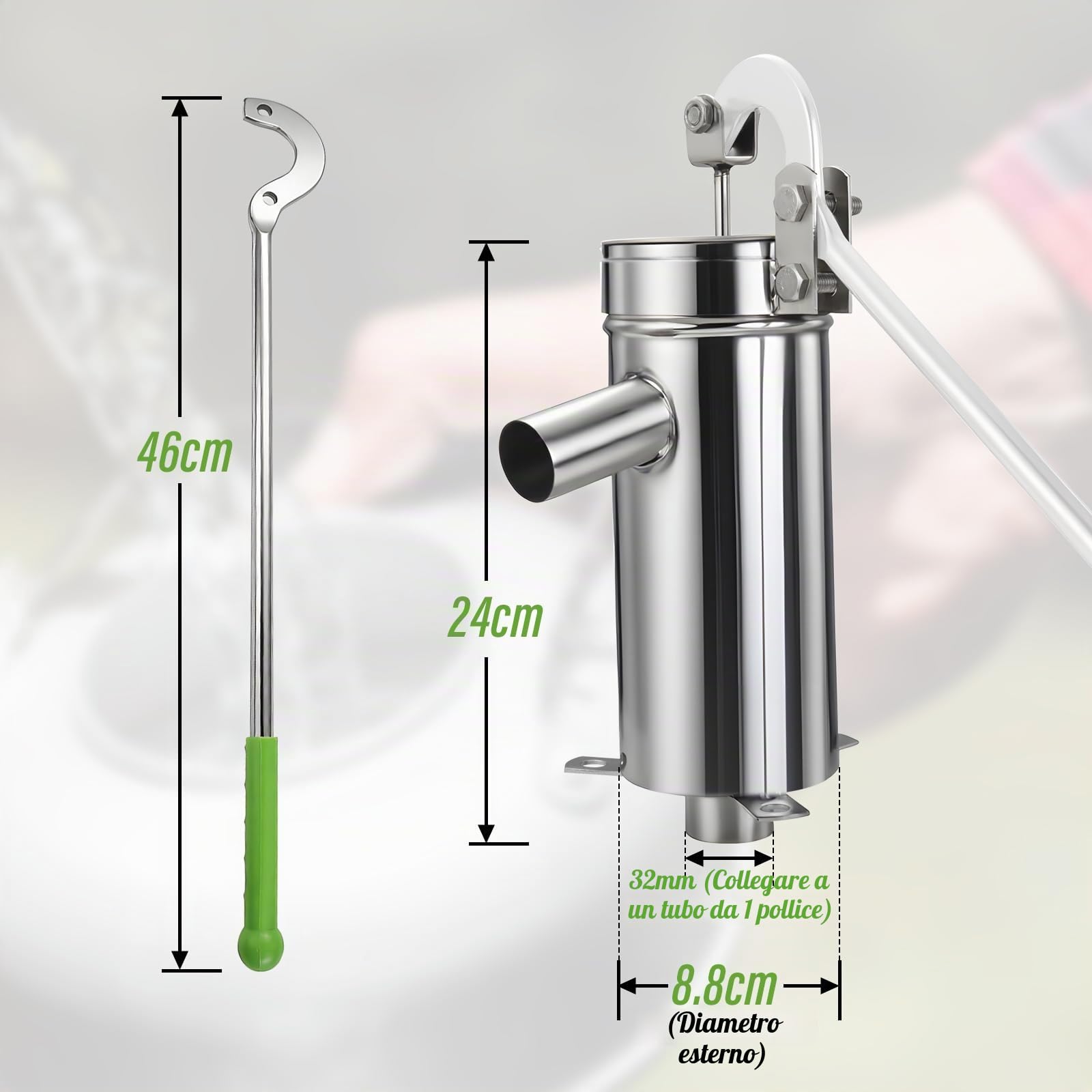 Pompa a braccio manuale moderna in acciaio inox, per giardino, acque sotterranee fino a 10 m, colore: argento