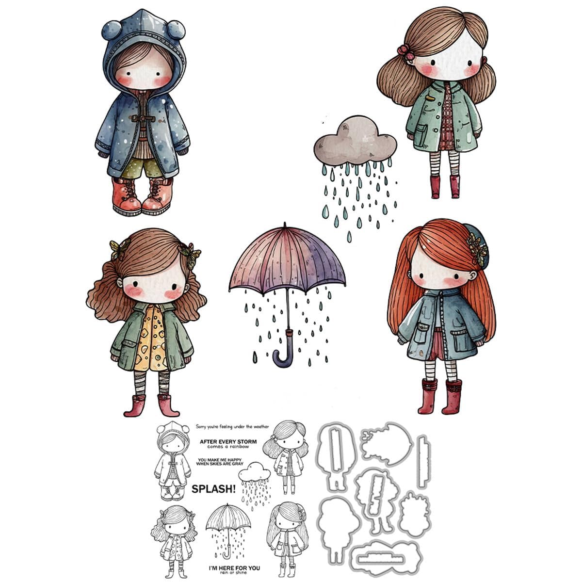 Rainy Day Girl Stamps and Die Cuts for Card Making Umbrella Rain Boots Transparent Silicone Clear Stamp and Metal Cutting Dies Sets for DIY Scrapbooking Paper Crafting Seals Decorative Supplies