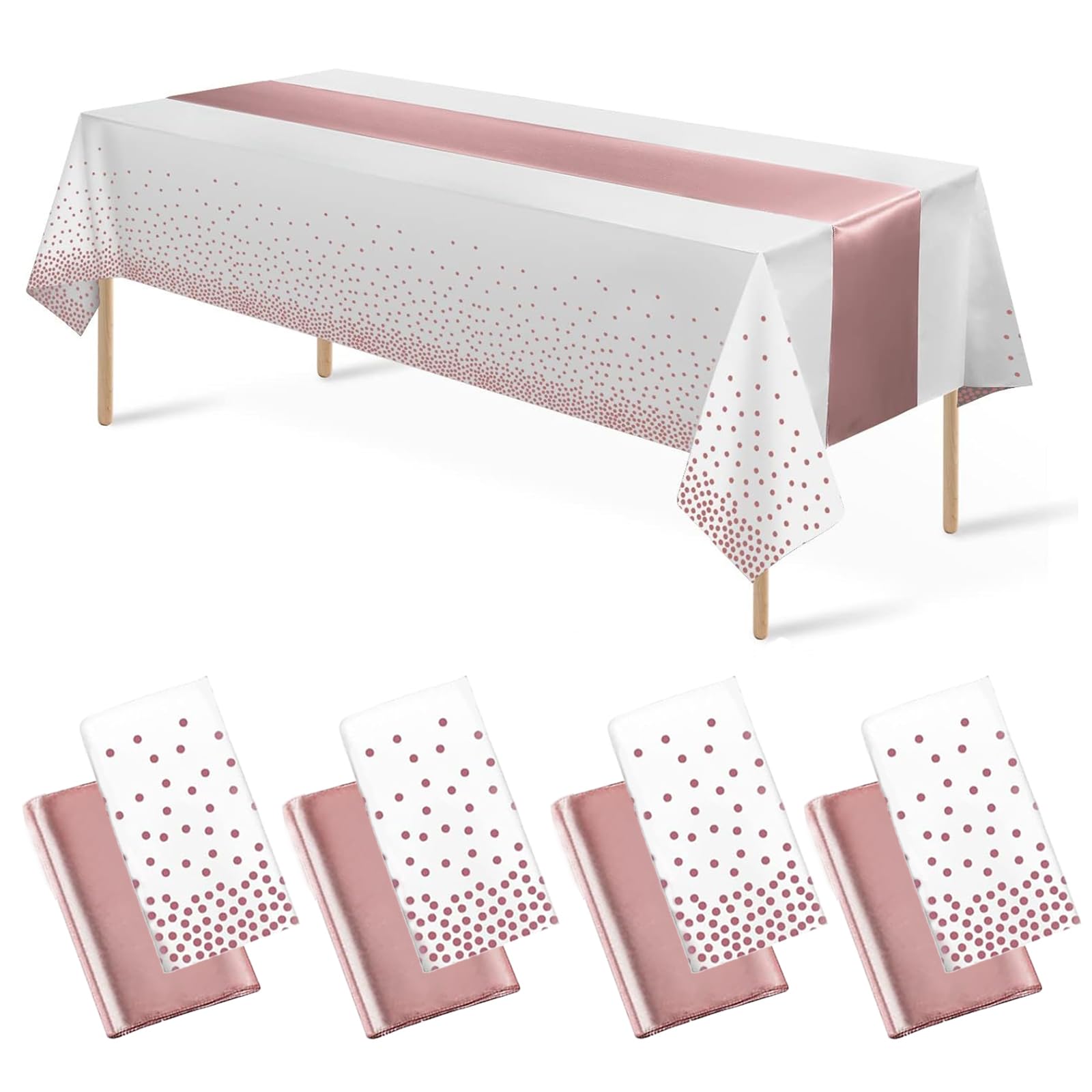 Auxemuen 4Packs Disposable Rectangle Plastic Party Tablecloth,137 * 274 cm for Rectangle Tables Cloths for Parties, Events & Weddings, Indoors Outdoors (White and Rose Gold, 137 * 274cm+30 * 274cm)