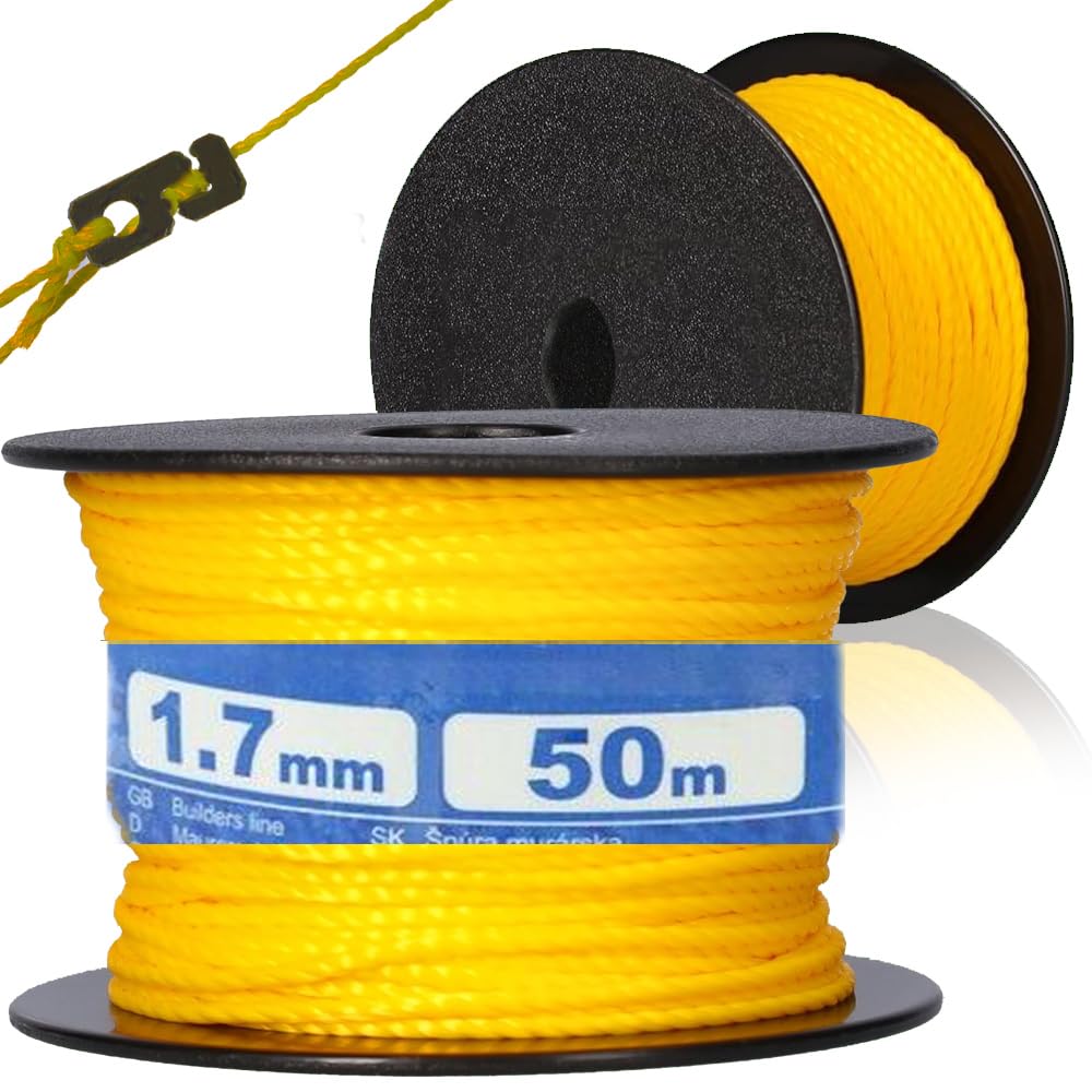 Bauschnur Maurerschnur Set 50m (1,7mm) - Richtschnur inkl. Schnurspanner Schnurwasserwaage 20cm verzinkt 3,5mm Erdnägel