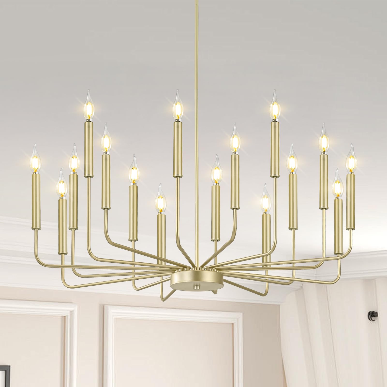 Qamra Modern Farmhouse Gold Chandelier for Dining Room, 16-Light Rustic Candle Chandelier Light Fixture, Industrial Hanging Chandeliers Lighting for Living Room, Kitchen, Staircase, Entryway, Foyer