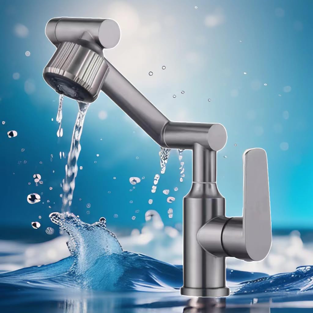 027 Rubinetto girevole per lavabo, monocomando, placcatura in acqua spazzolata, acciaio inossidabile, tonalità grigio, lunghezza tubo di ingresso/uscita 70 cm