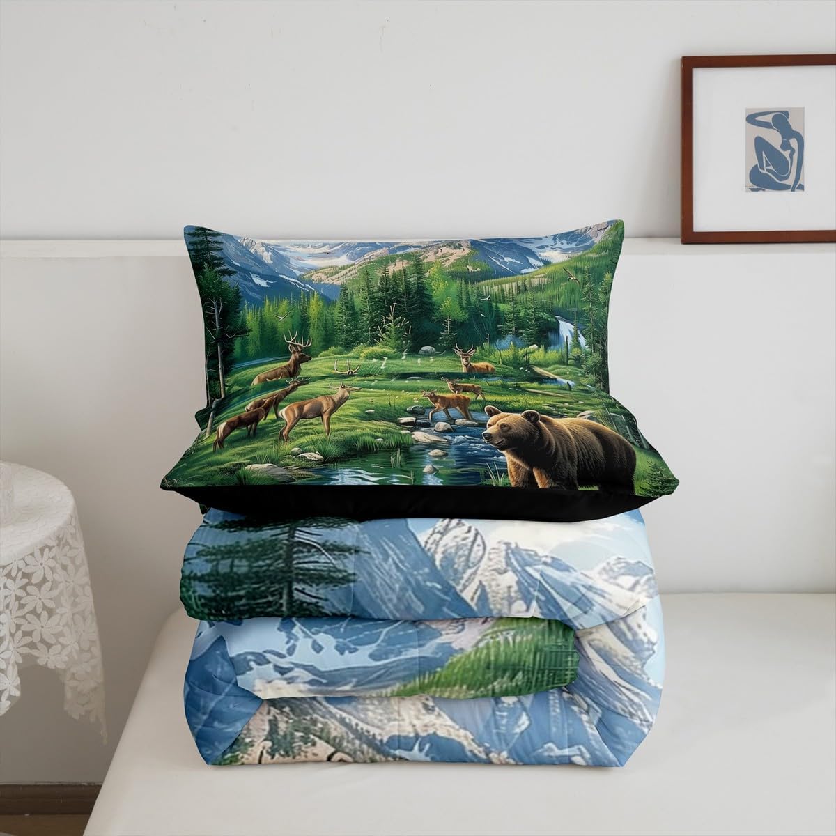 Erosebridal Woodland Bear Deer Comforter Set Queen Size River Mountains Birds Bedding Set for Kids Girls Women Wildlife Elk Natural Plants Comforter Landscape Green Blue Quilt Bedroom Decor