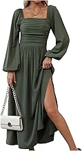 Floerns Women's Square Neck Lantern Long Sleeve Dress Split Ruched Party Midi Dresses