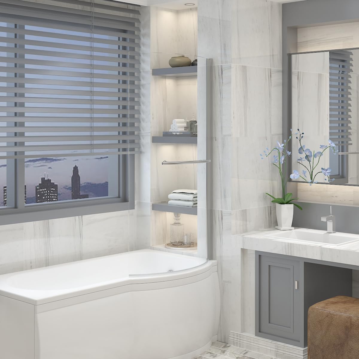 Aquariss Chrome 785x1400mm P Shape Bath Screen Panel with Towel Rail
