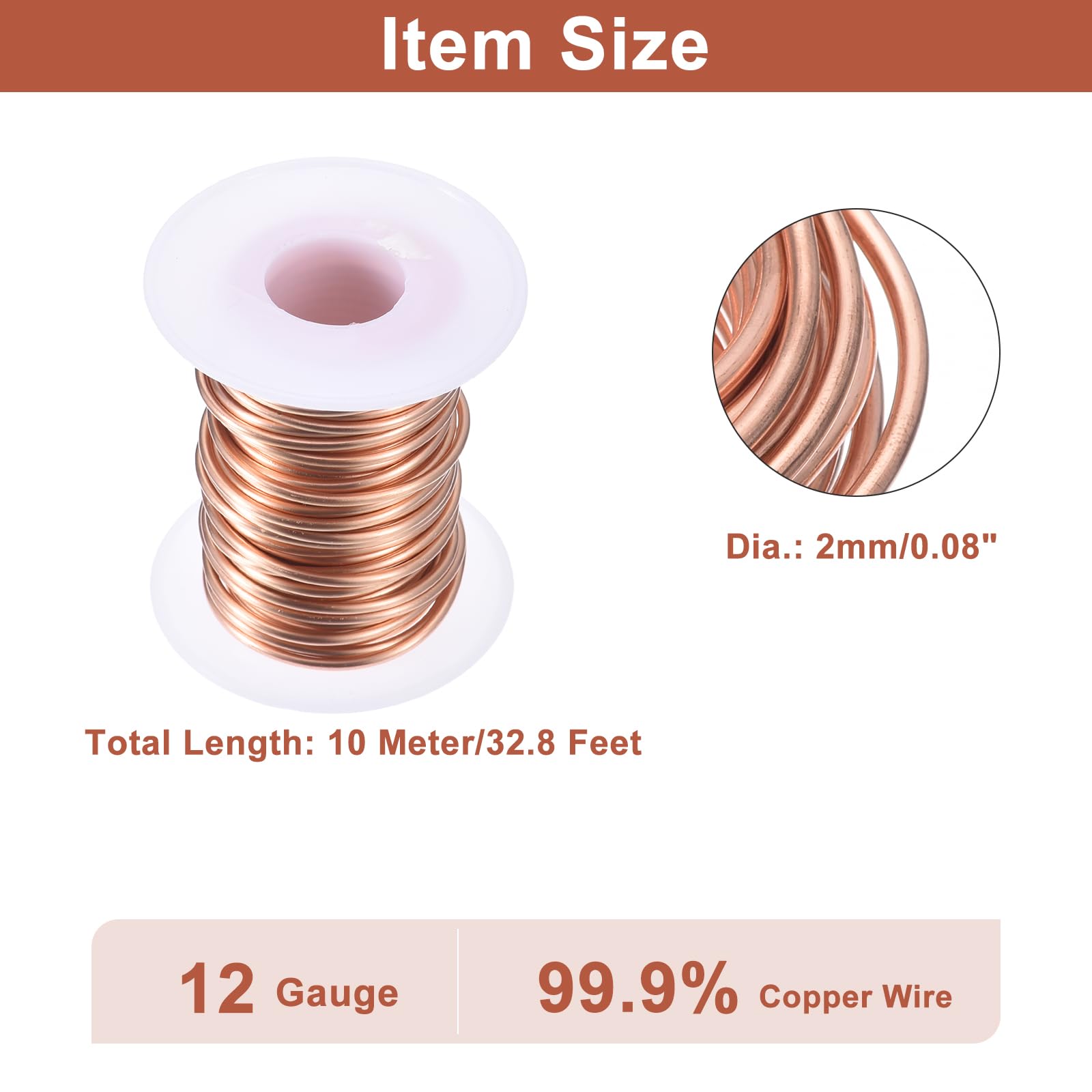 QUARKZMAN Alambre De Cobre Suave (Calibre 12, 32.8 Pies), Alambre De Cobre Desnudo 99.9% Puro 2mm Alambre Sólido Para Manualidades Decoración Jardinería (10 Metros)