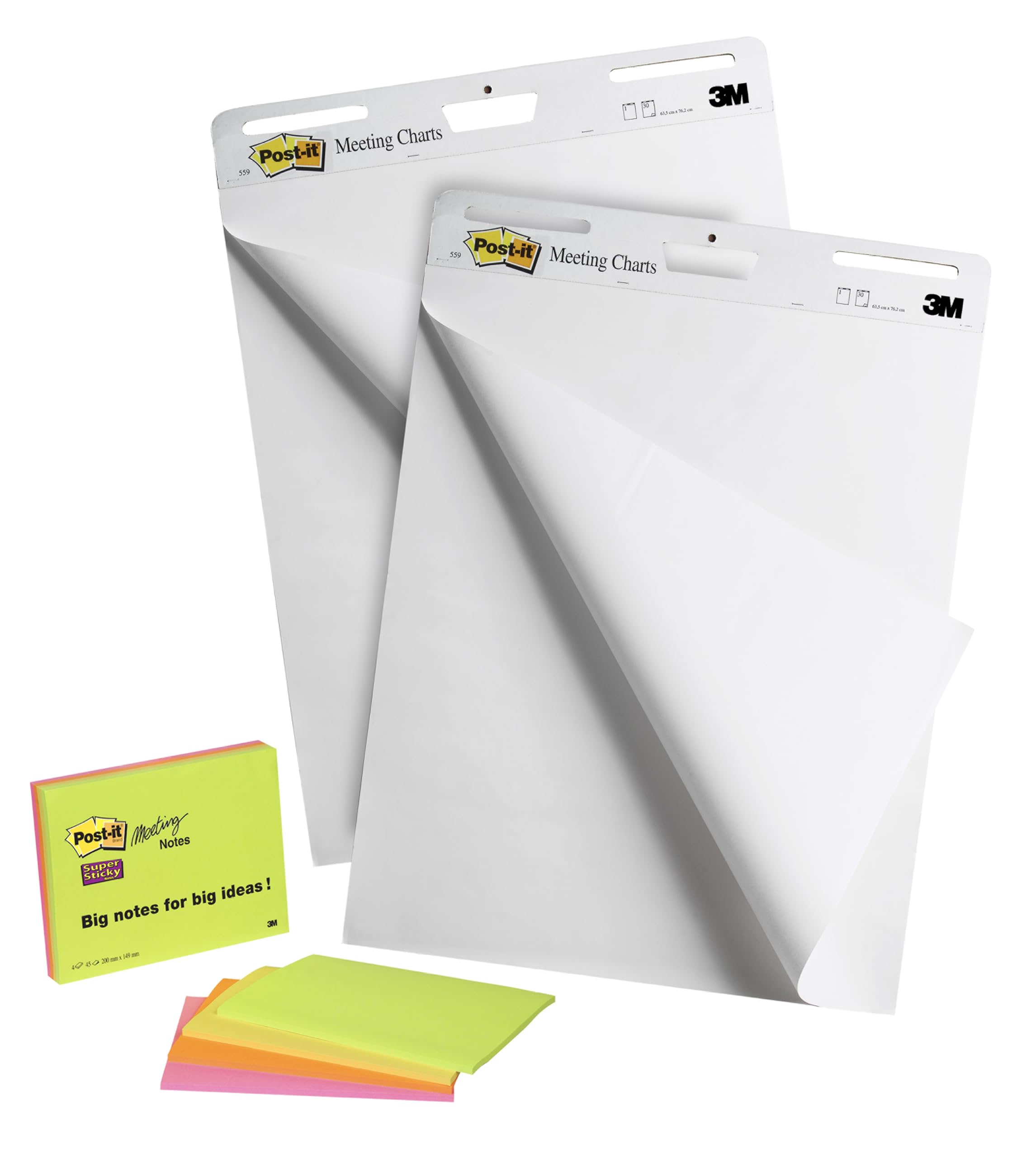 Post-it Meeting Chart, Blanc, 63.5 cm x 76.2 cm, Pack Promotionnel + Post-it Notes Super Sticky, Couleurs Néon Assorties, 2 Blocs + 4 Gratuits/Paquet