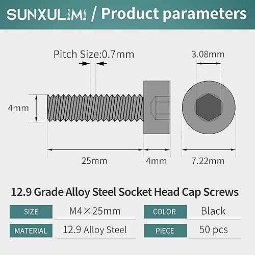 Miniatura 2 de Tornillos de cabeza hueca M4 x 0.984 in Tornillos de cabeza de zócalo Tornillos de acero de aleación de grado 12.9 Tornillo de enchufe métrico,