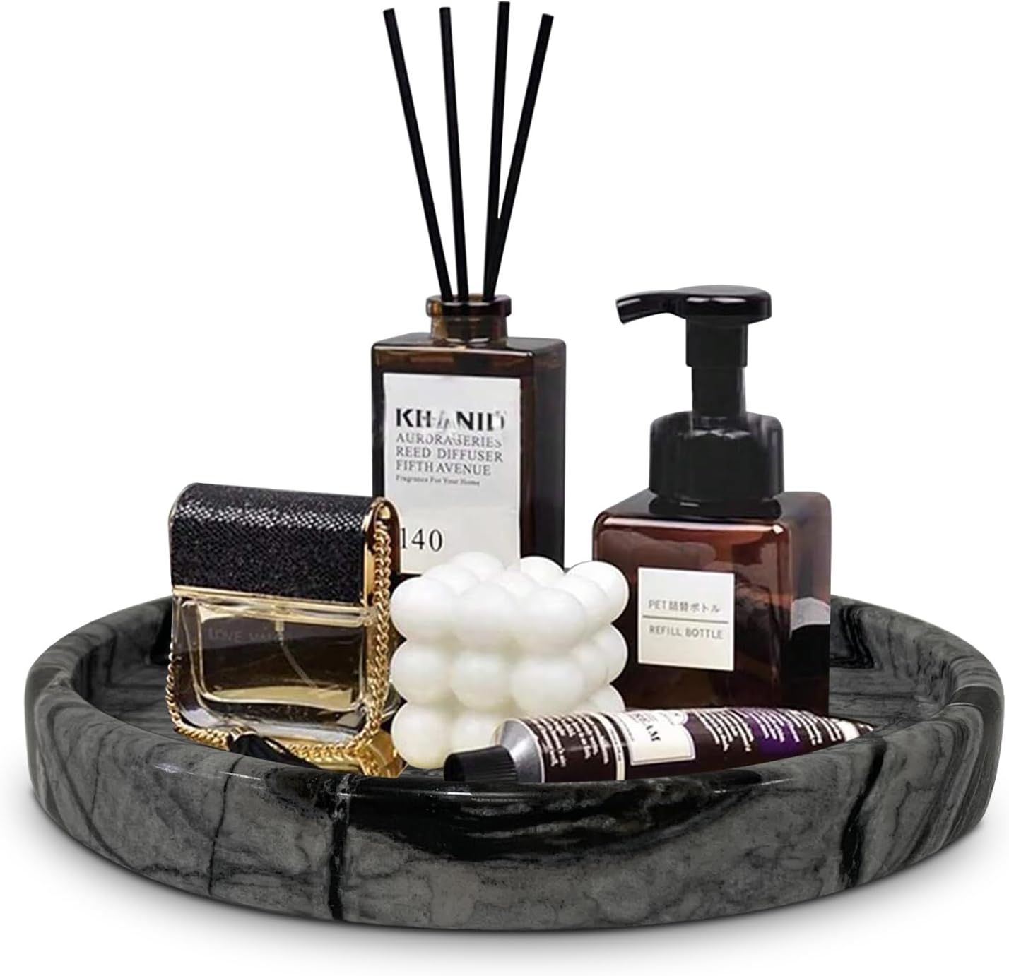 Travertine Tray, Small Ceramic Vanity Tray for Bathroom Counter Decor, Round Marble Decorative Trays for Coffee Table (Beige, Medium Size)