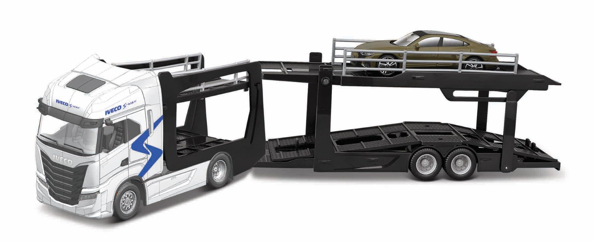 Bburago - Bisarca IVECO S-Way con Rimorchio e Audi E-tron GT 1:43, Veicolo Diecast Blu Metallizzato, Modello Statico Dettagliato con Licenza Ufficiale IVECO e Audi, Età Consigliata 3+ Anni