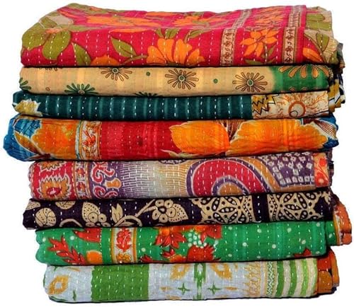 Varprada- 1 Piece Handmade Indian Vintage Kantha Quilts for Sale Throws Bedsheet Reversable Bohemian Home Décor Blanket –Assorted Color Twin Size 85x55 inches